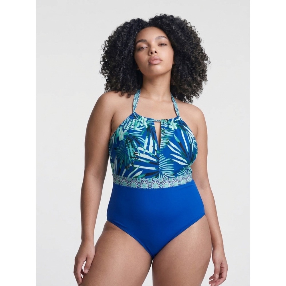Cleanwater Womens Plus Size 16W Tropical Palm Halter One Piece Swimsuit Blue